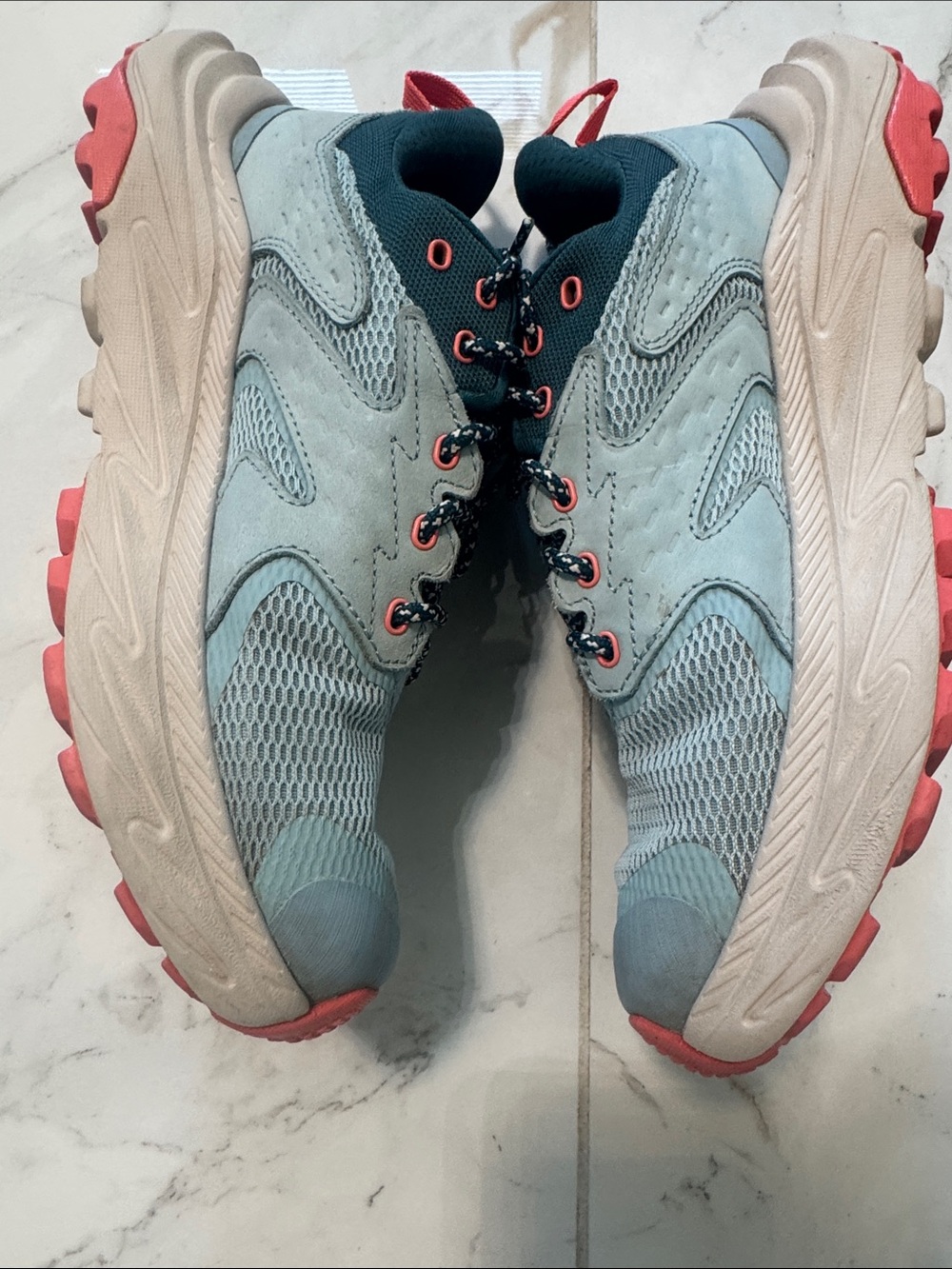 Used Hoka Women's Light Blue and Teal Running Sneakers with Coral Accents - Picture 2 of 9